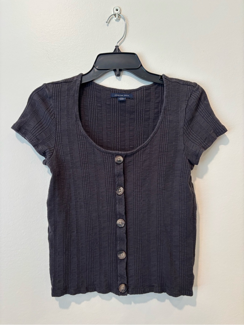 American Eagle Black Short-Sleeve Button Front Knit Top